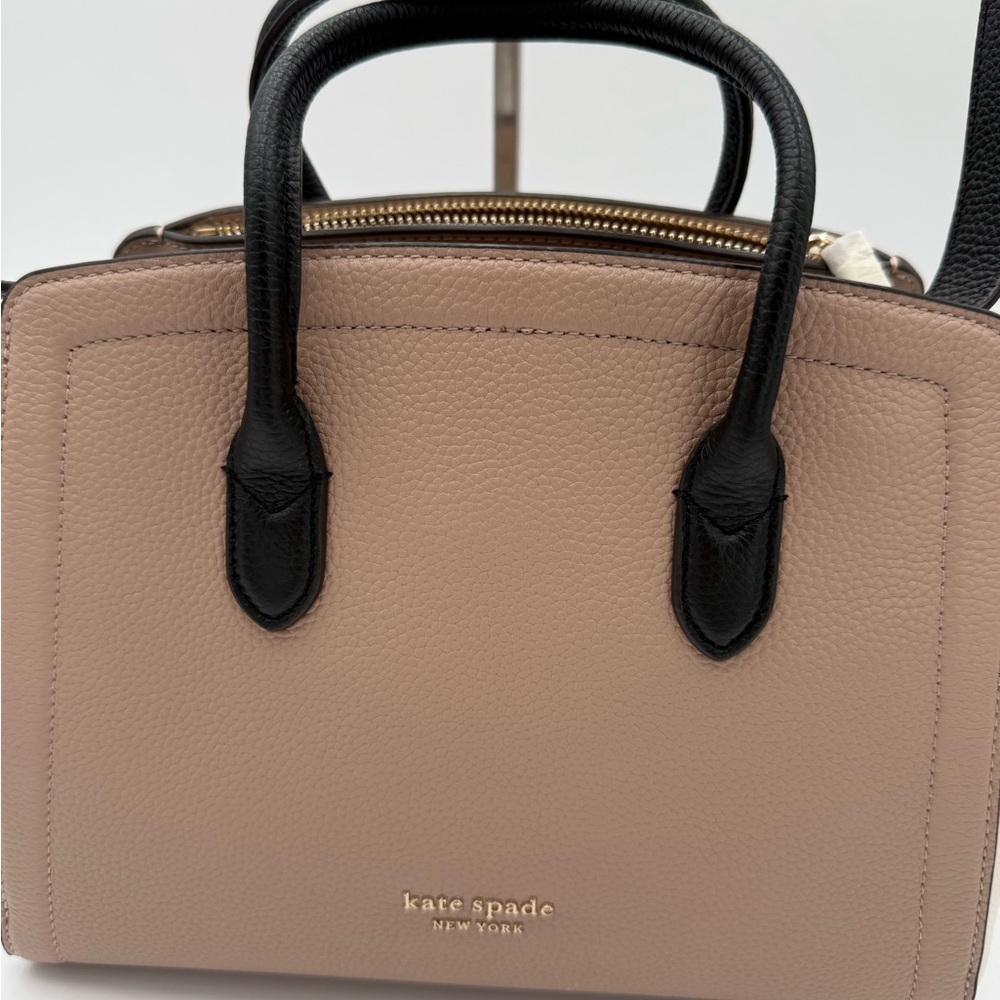 kate spade BOUTIQUE Taupe, ivory, and Black Leather Satchel xbody strap